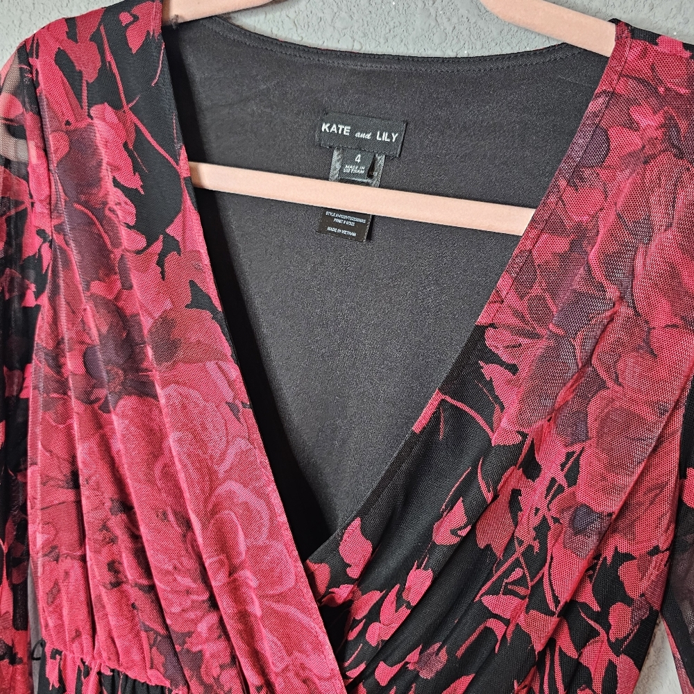 Kate and‎ Lily Dress Womens 4 Mesh Floral V Neck Sheer Sleeve Ruffle Midi Dark - Picture 6 of 15
